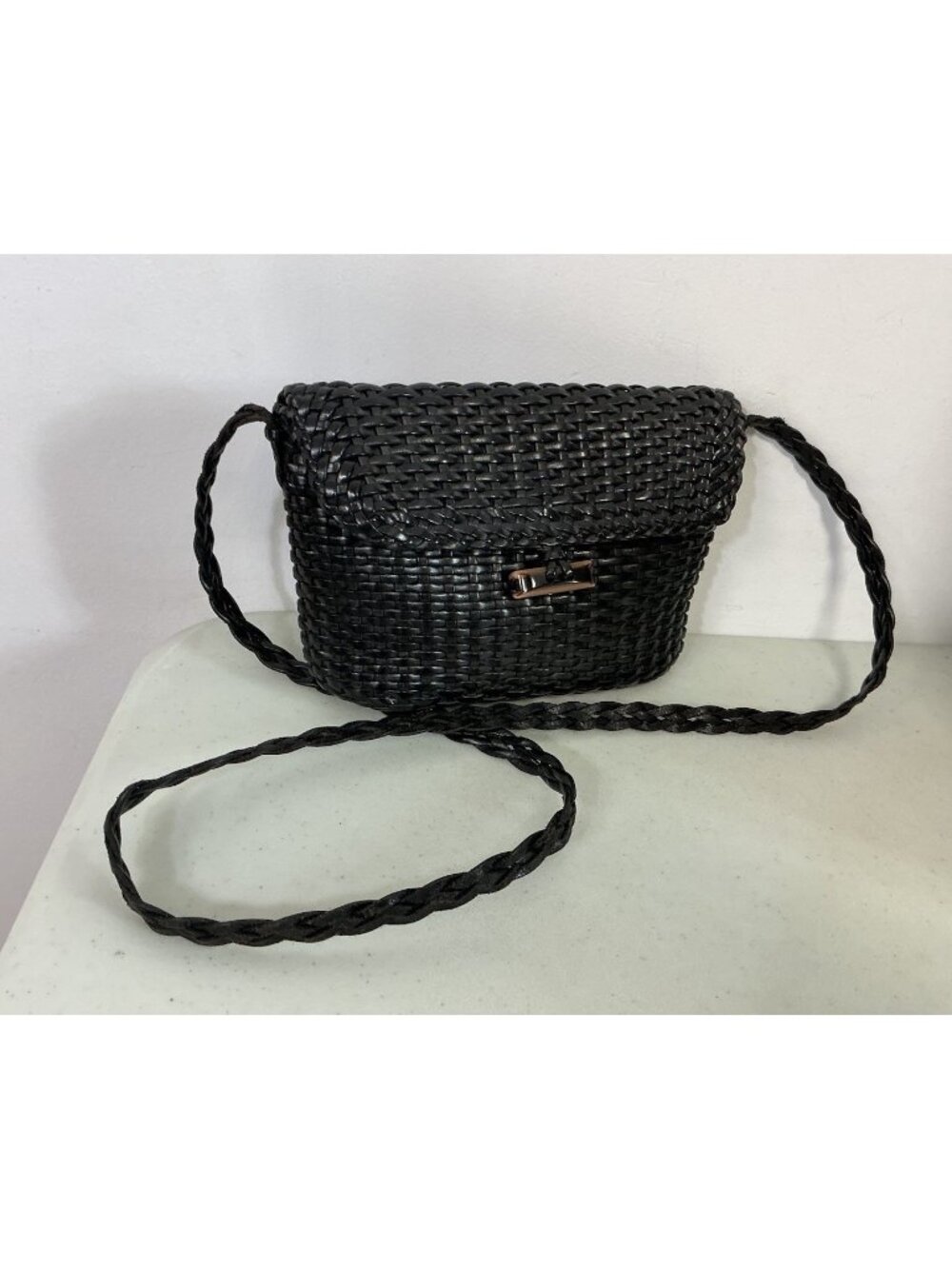 Black Woven Braided Leather Crossbody Bag Shoulder Purse
